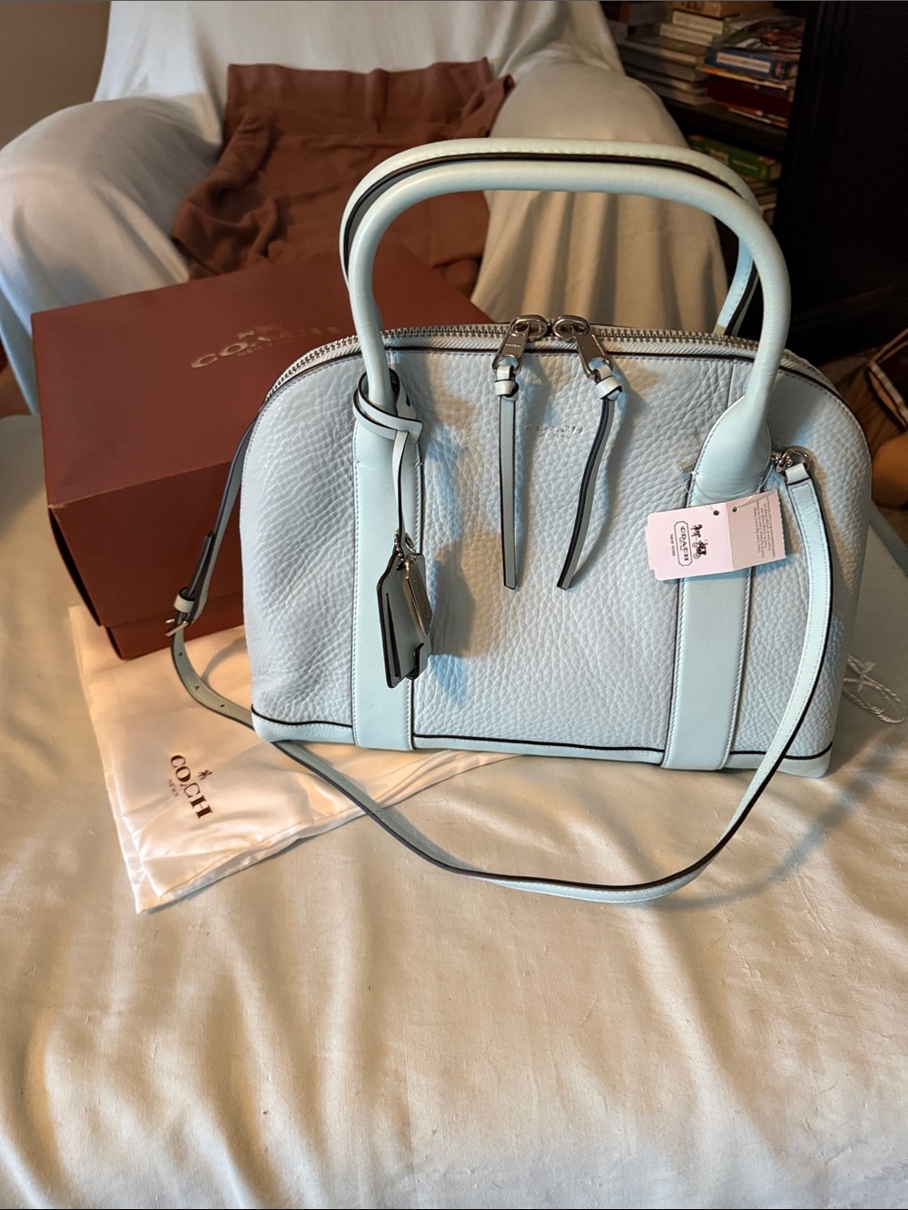 COACH Light Blue Pebbled Leather Dome Satchel with Strap